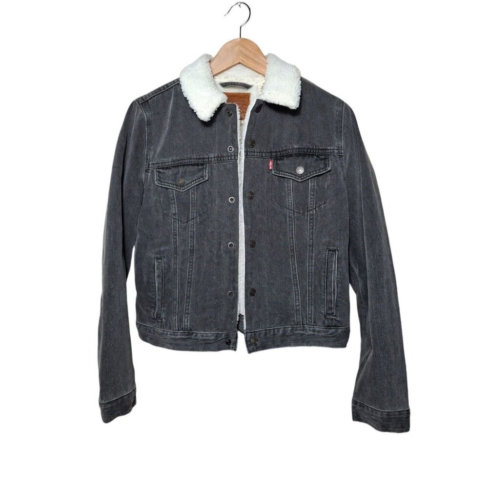 Levis Trucker Jacket Womens Medium Black Wash Denim Sherpa Lined